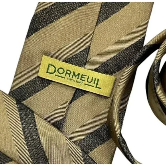 DORMEUIL Men's 100% Silk Necktie LUXURY Tie XL Beige Striped W:3.7 EUC